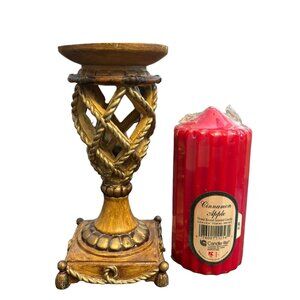 Elegant Tropical Motif Faux Rope & Bamboo Pillar Candle holders w/ Red Pillar Ca